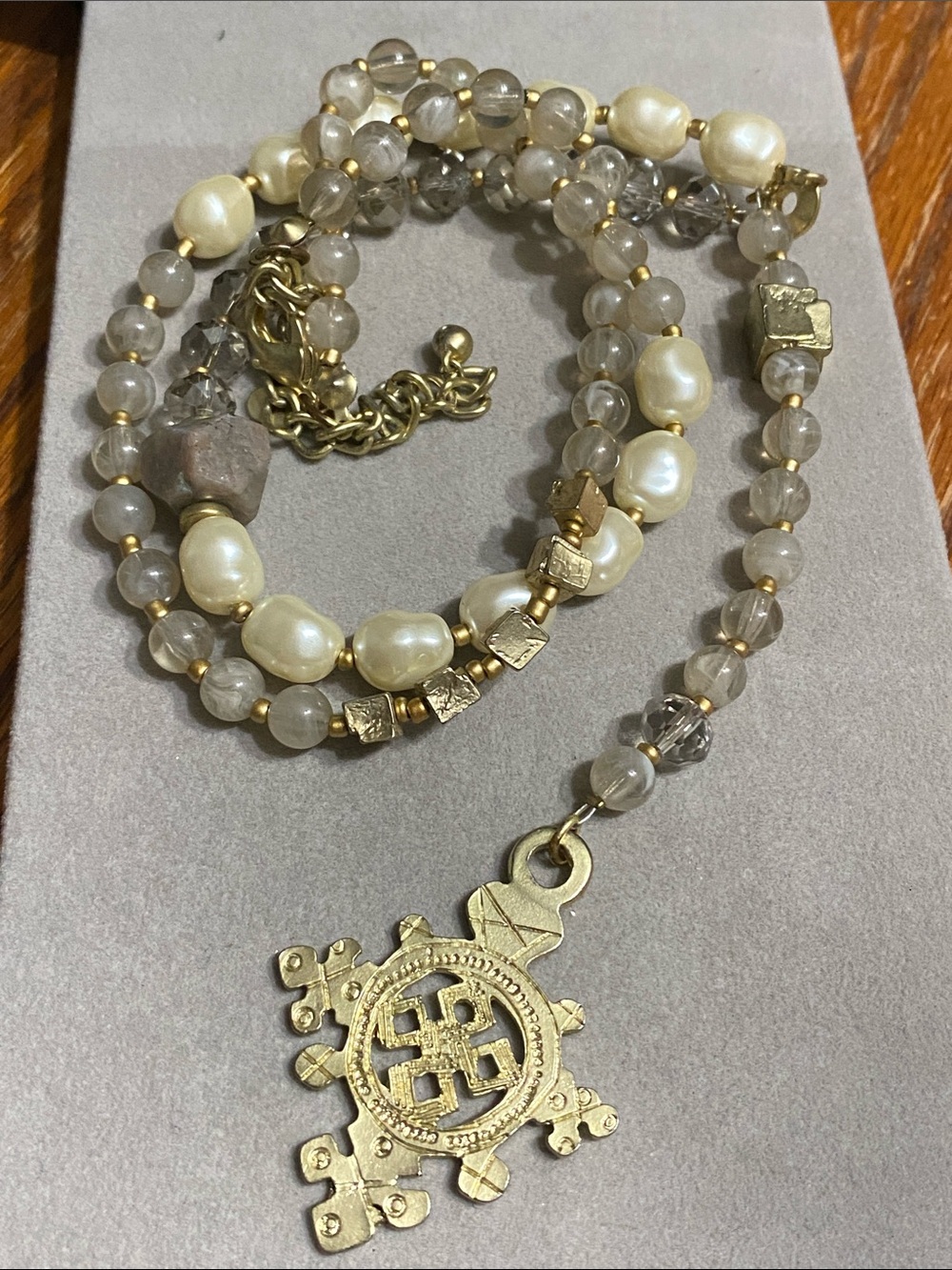 Chico's Gold, Cream and Gray Beaded Pendant Necklace Labradorite Stone